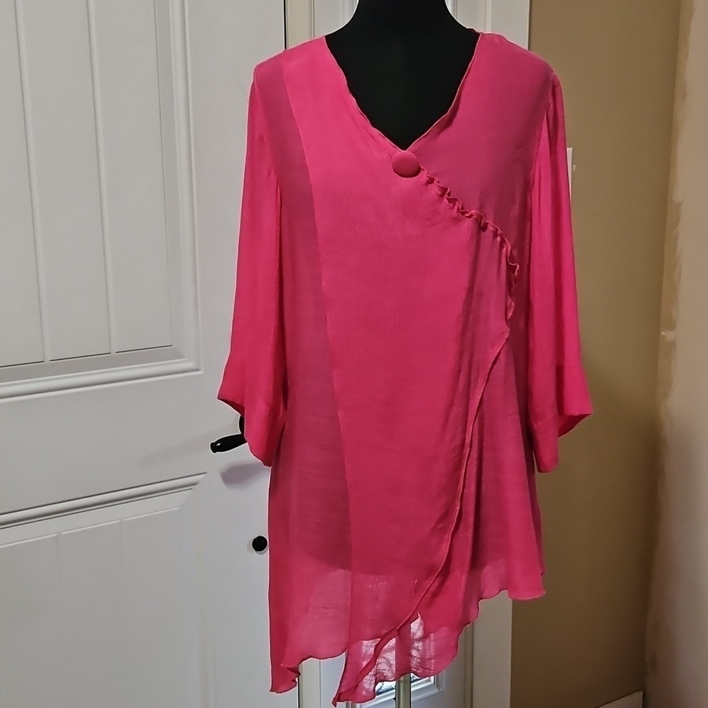 Red Coral Pink Draped Asymmetric Hem Sheer Coverup Top Size Med